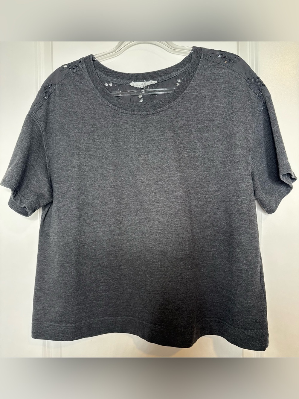 Women’s Jane & Delancey Grey Short Sleeve  crochet eyelit boxy blouse tee sz Lg